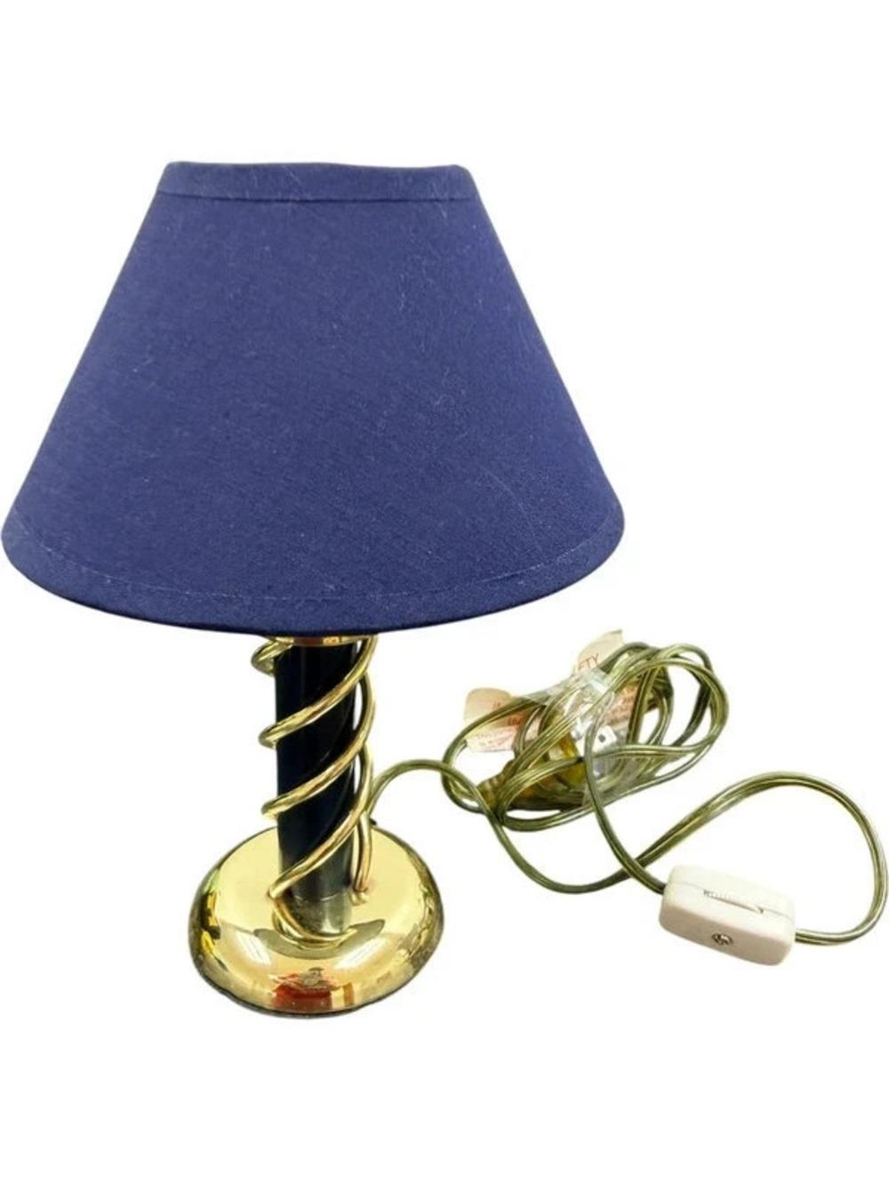 Vintage 1998 Art Deco Table Lamp Navy Blue Gold Spiral Column Fabric Shade